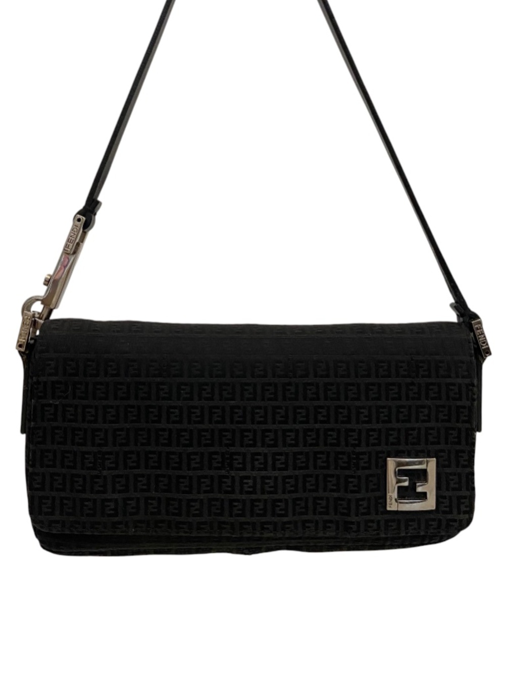 Fendi Zucchino Small Baguette Shoulder Bag Black Canvas Dark Silver Hardware